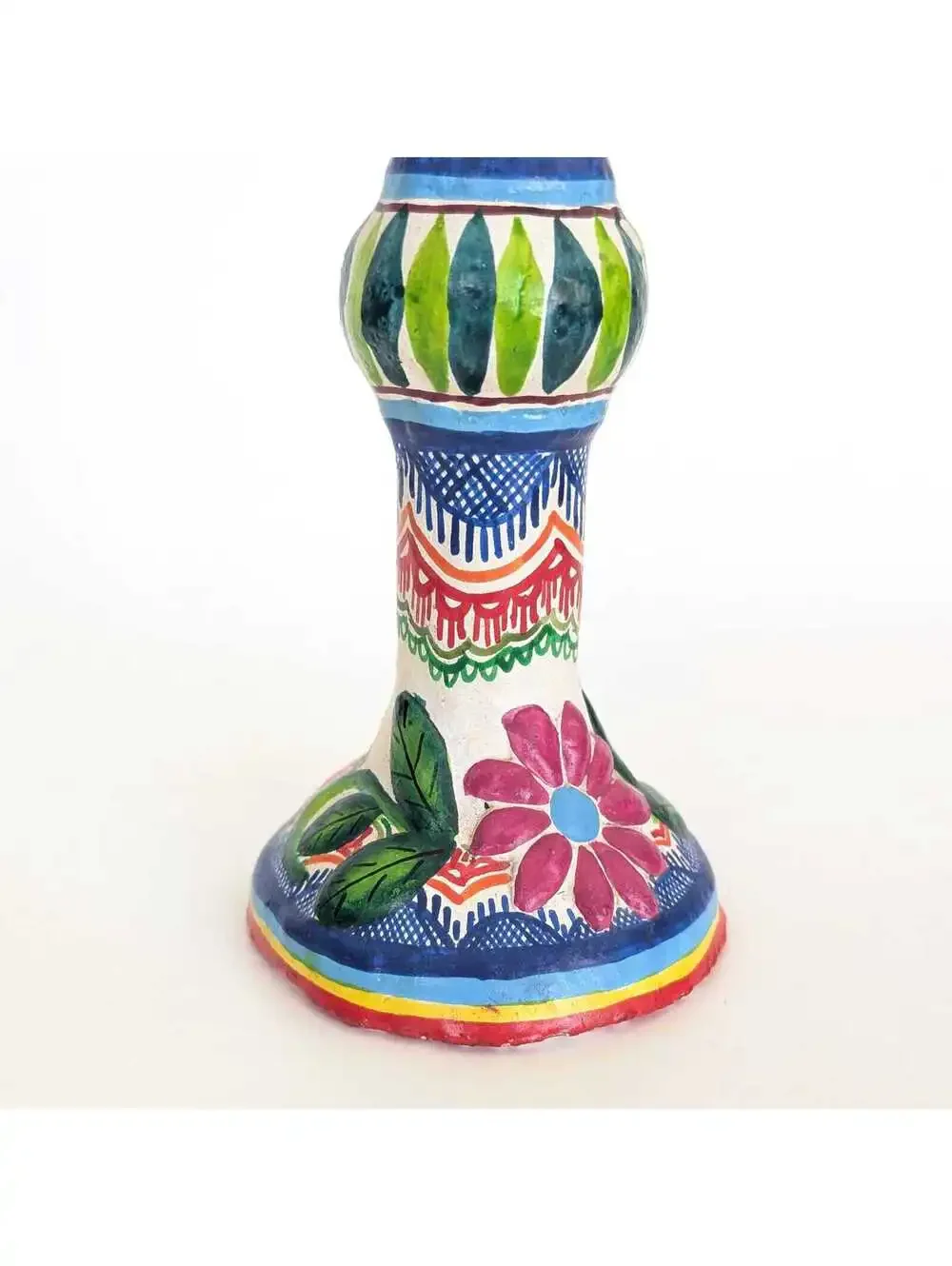 Vintage Mexican Hand-Painted Folk Art Ceramic Candlestick -